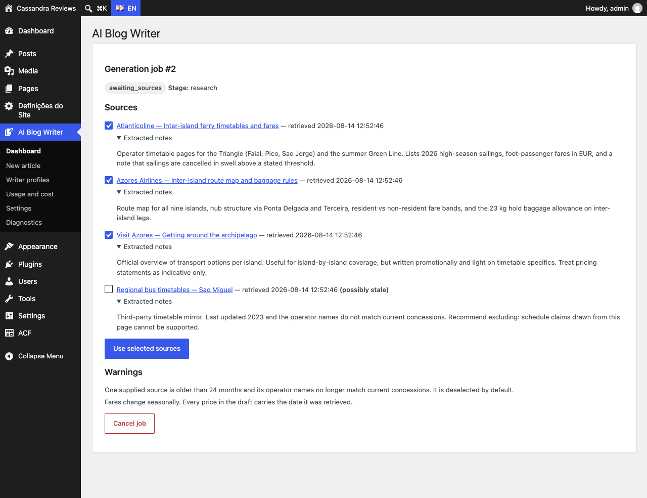 Guided source review screen listing each source with extracted notes and its retrieval date